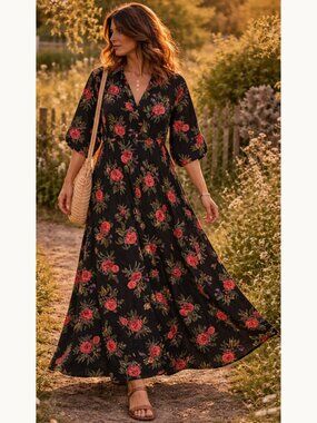 Black Red Floral Button Front Maxi Dress Rayon Empire Waist 1X Boho Cottagecore